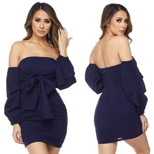 Navy Off Shoulder Long Sleeve Front Tie Dress